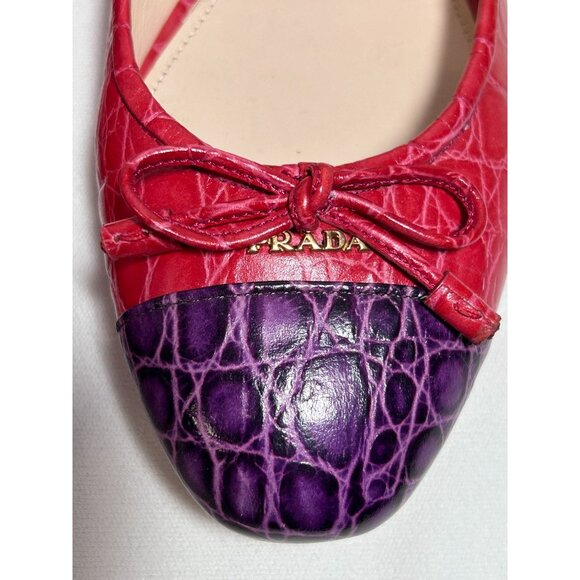 PRADA St. Cocco Bicolo Croc Embossed Leather Bow Flats in Red/Purple - EU Sz 40 - Picture 5 of 9